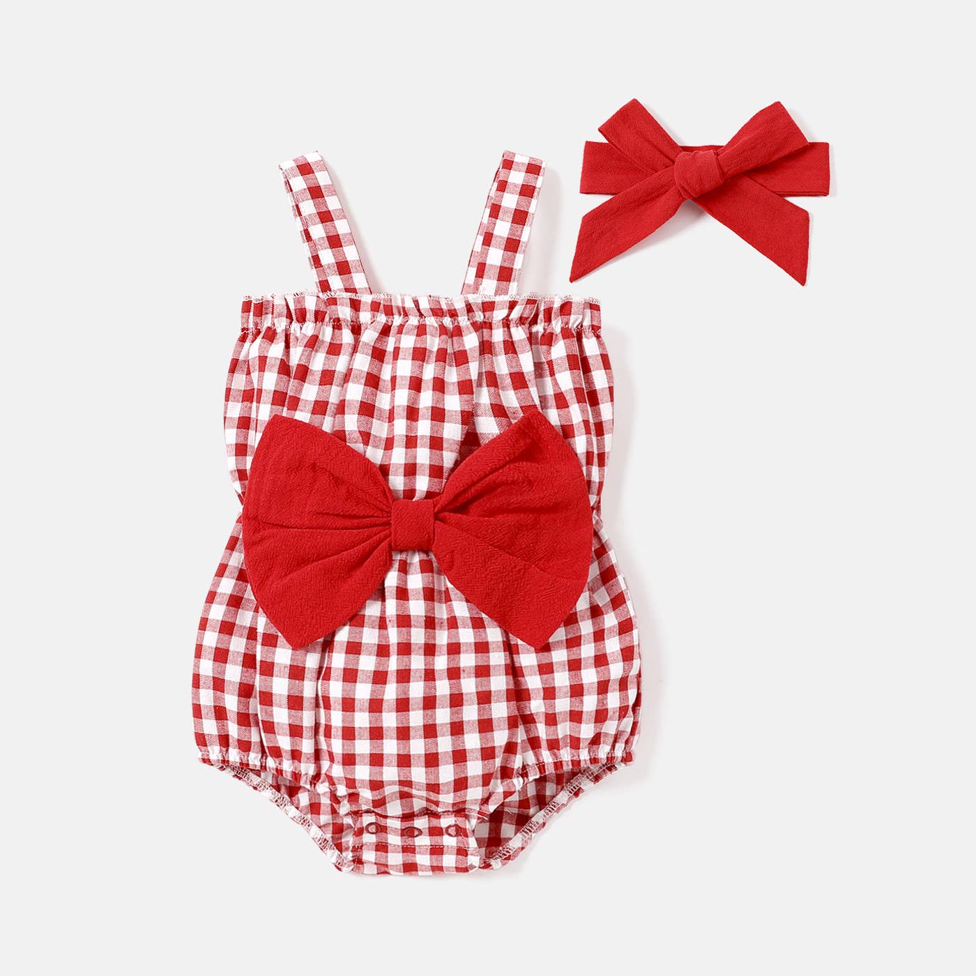 2pcs Baby Girl Red Gingham Bow Front Romper & Headband Set