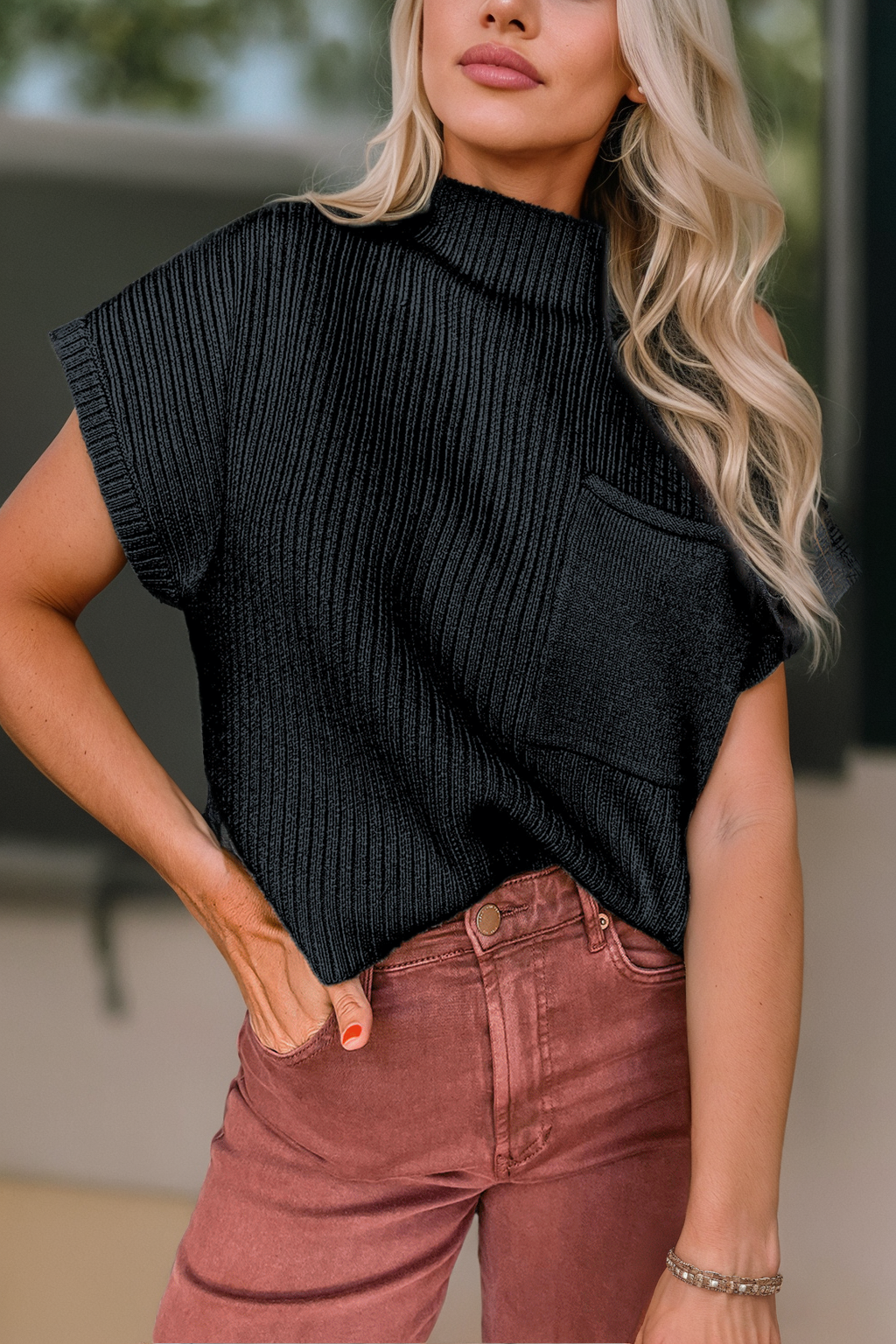 Patch Pocket Ribbed Knit Short Sleeve Sweater/Multicolor: 2XL / Black