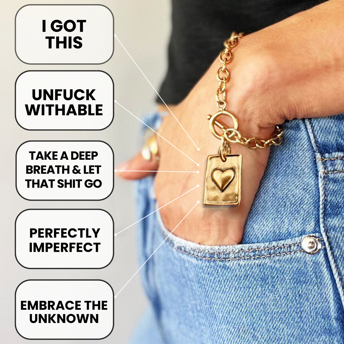 CHOOSE YOUR MESSAGE | SQUARE | Chain Bracelet: UNFUCKWITHABLE / GOLD / XS (7")
