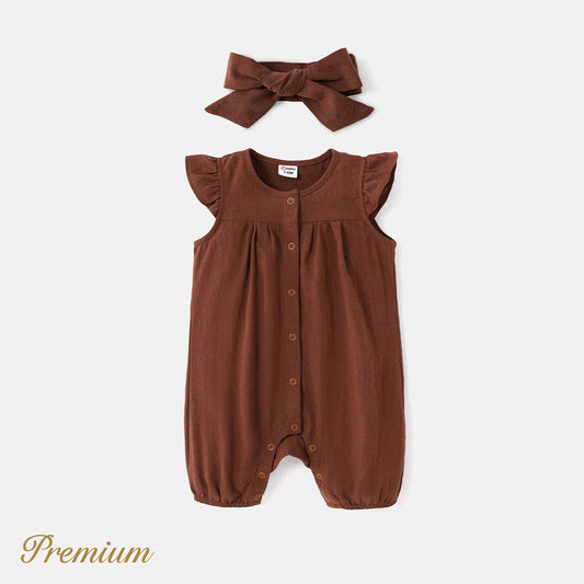 2pcs Baby Girl 100% Cotton Allover Romper & Headband Set: Offwhite / 12-18 Months