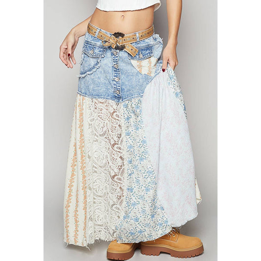 Woven floral print mixed skirt: PINK MULTI / S