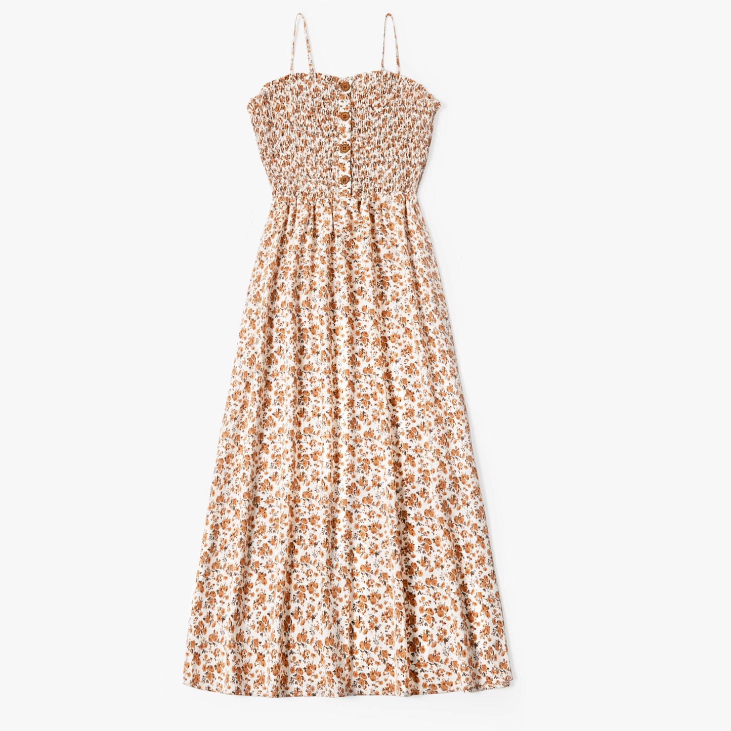 Mommy and Me Beige Floral Shirred Top Button Front Dress: Creamcolored / Girl: 6-7 Years