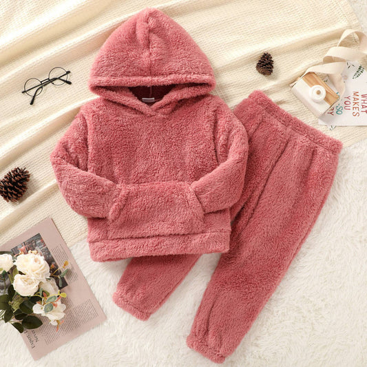 2-piece Toddler Girl Fuzzy Hoodie Sweatshirt and Pants Set: Coral / 4-5 Years