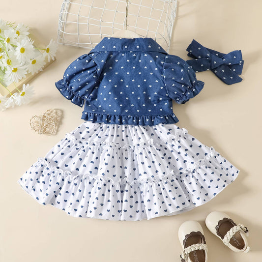 3pcs Baby Girl 100% Cotton Top and Dress & Headband Set: Blue / 12-18 Months