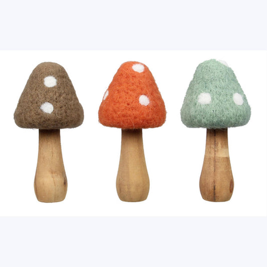 Wood and Wool Tabletop Mushroom Decor, 3 Ast.  (SKU#: 12996)
