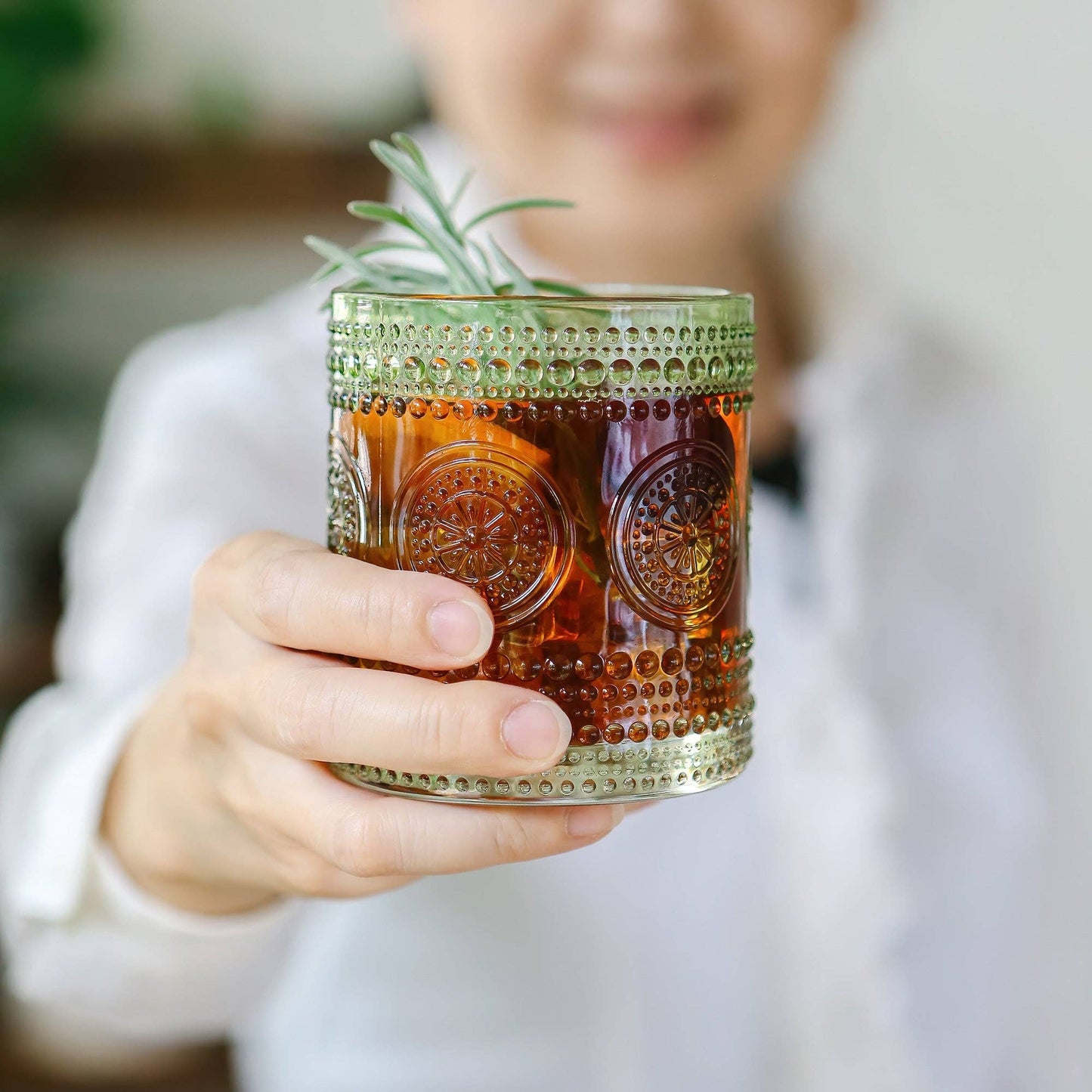 10 oz. Hobnail Beaded Floral Green Drinking Glasses