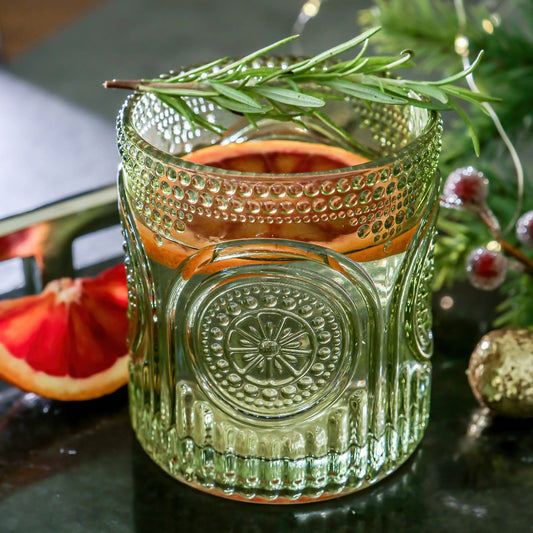 10 oz. Ribbed Retro Arch Floral Green Drinking Glasses (Set