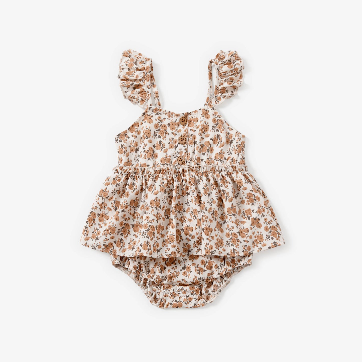 Mommy and Me Beige Floral Shirred Top Button Front Dress: Creamcolored / Girl: 6-7 Years