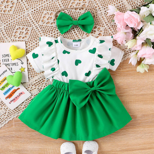 2pcs Baby Heart Print Ruffled Faux-two Bow Front Dress Set: Green / 3-6M