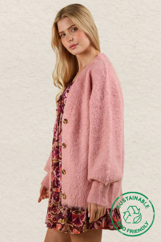 12W3180V-ECO Mohair Button Down Soft Knit Sweater Cardigan: PINK / S-M-L/2-2-2