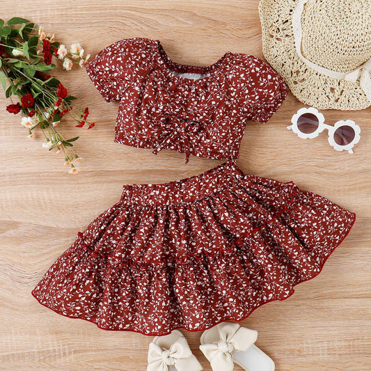 2pcs Toddler Girl Trendy Tee and Layered Skirt Set: Red / 2 Years