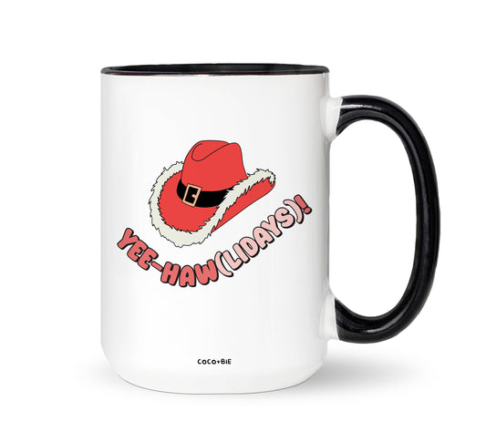 Yee-Hawlidays Christmas Coffee Mug - Cute,  Cowgirl, Western: Black Handle