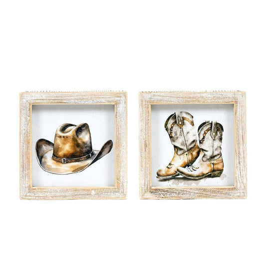 12050 - 5x5 wood frame sign (HAT/BOOTS) Cowboy Home Decor