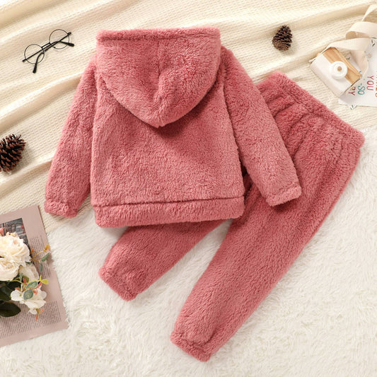 2-piece Toddler Girl Fuzzy Hoodie Sweatshirt and Pants Set: Coral / 4-5 Years