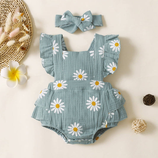 100% Cotton 2pcs Daisy Print Crepe Fabric Baby Romper Set: Pink / 6-9 Months
