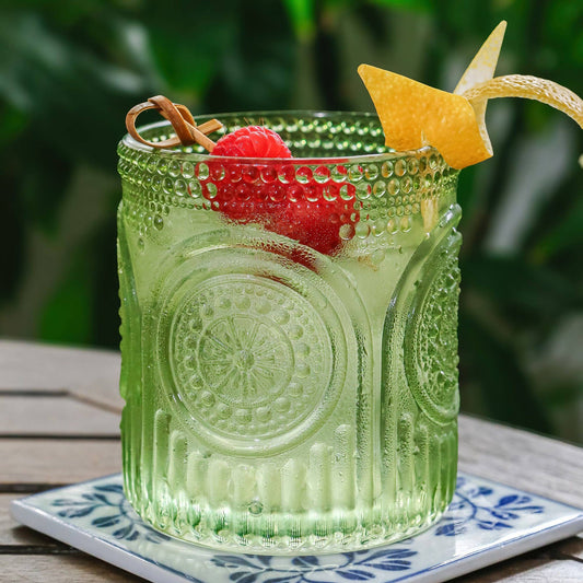 10 oz. Ribbed Retro Arch Floral Green Drinking Glasses (Set