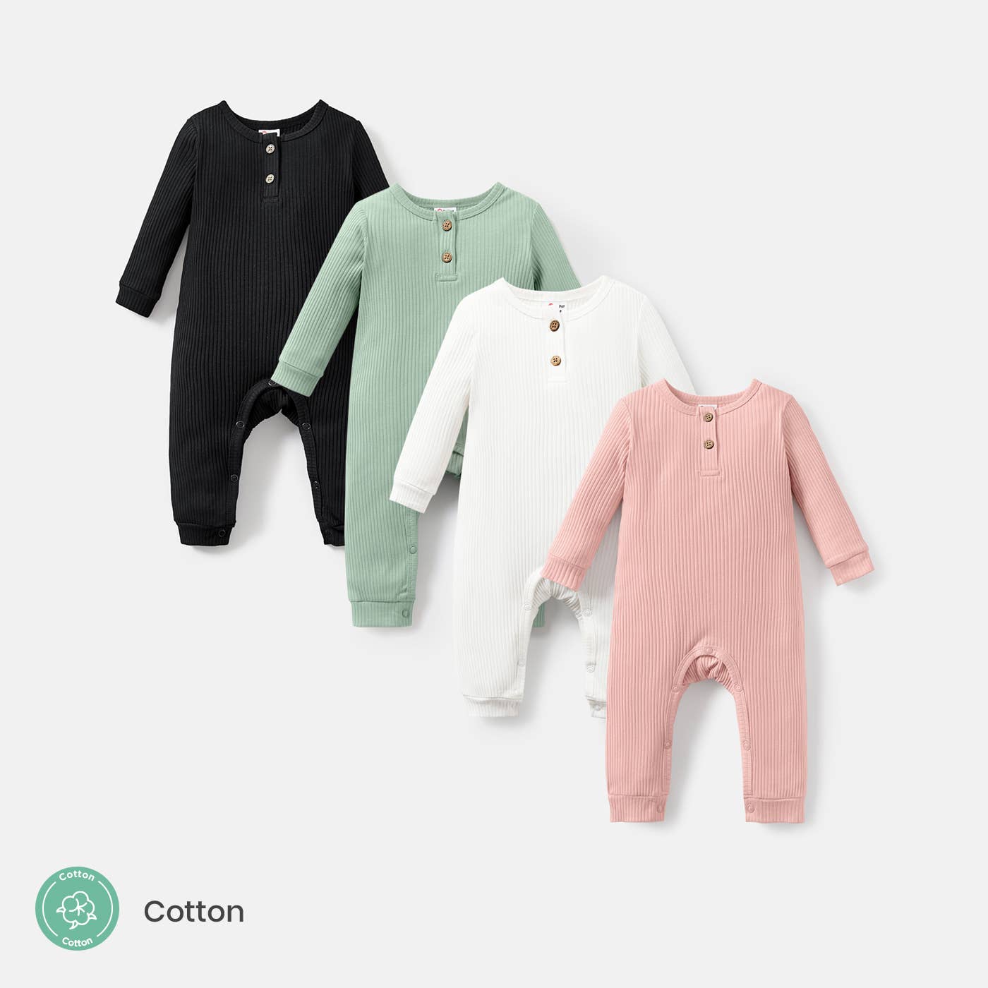 Baby Girl/Boy Cotton Button Ribbed Long-sleeve Jumpsuits: Black / Baby：0-3M