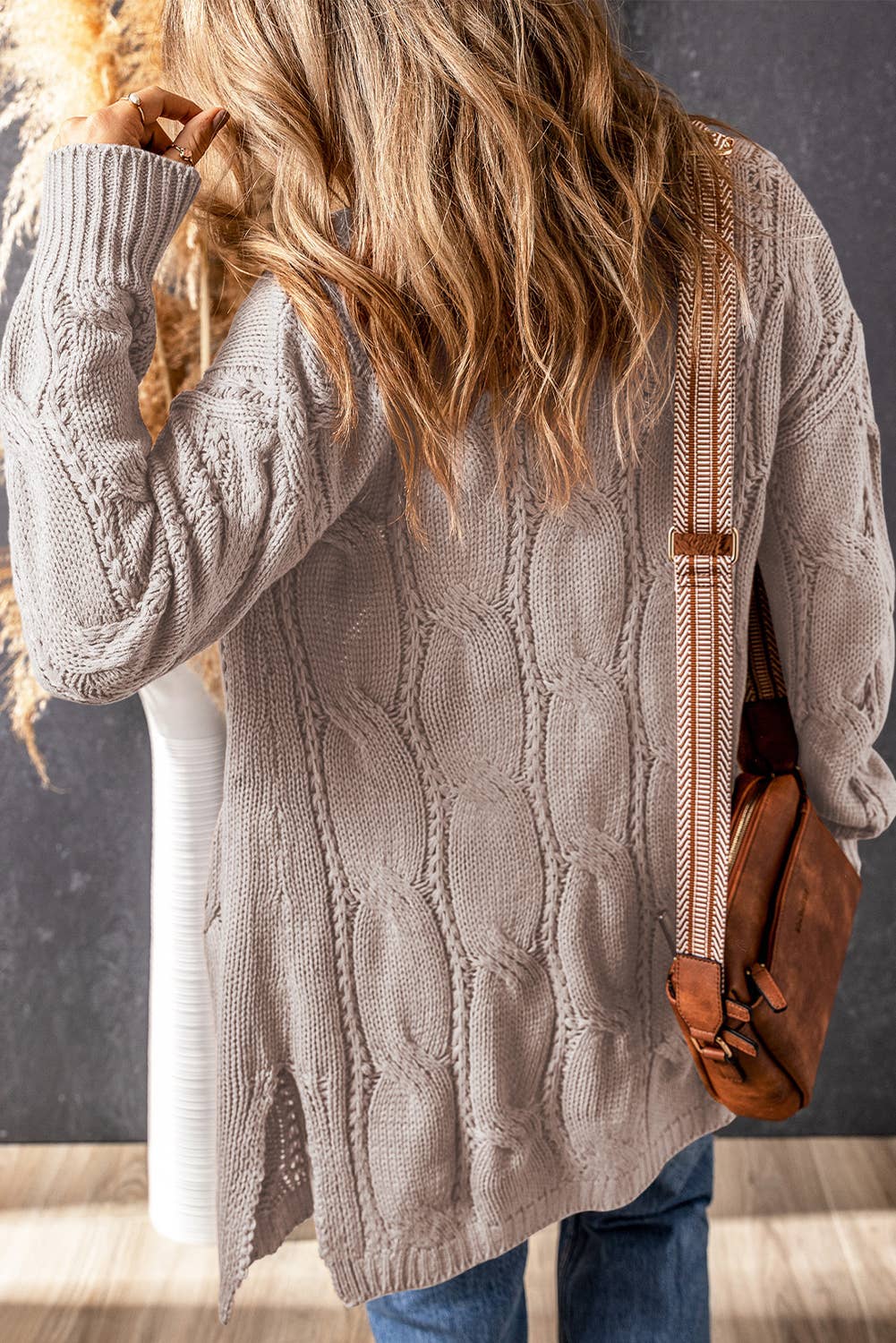 Textured Eyelet Ribbed Cable Knit Cardigan: M / casual / Brown