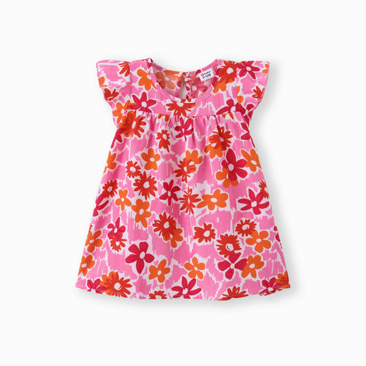 100% Cotton Baby All Over Floral Print Flutter-sleeve Dress: Pink / 18-24 Months