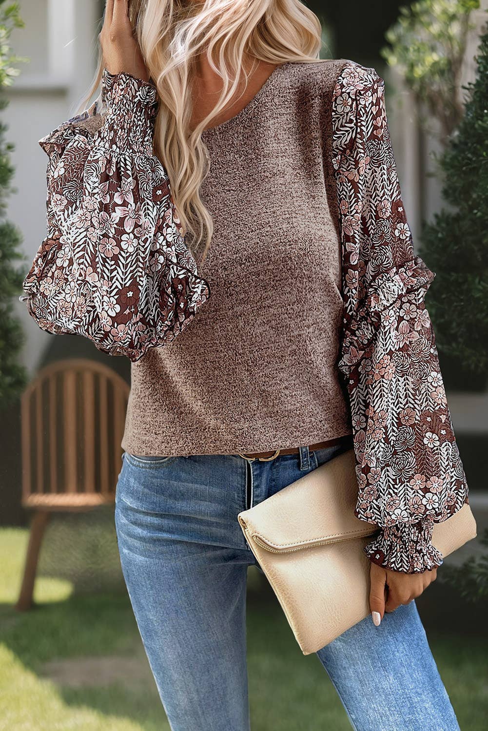 Apricot Pink Contrast Frilled Floral Sleeve Top: L / Apricot Pink