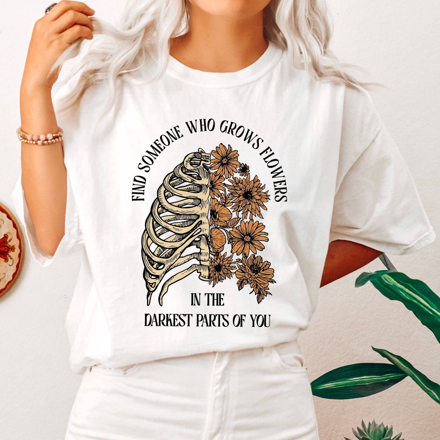 Find Someone Who Grows Flowers, Skeleton, Cowgirl, Tshirt: Medium / Pepper Dark Gray