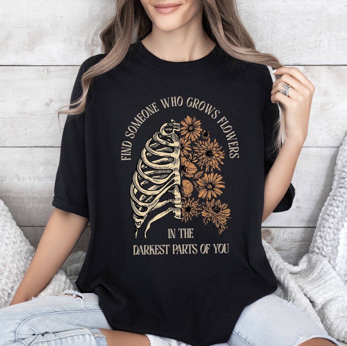 Find Someone Who Grows Flowers, Skeleton, Cowgirl, Tshirt: Medium / Pepper Dark Gray