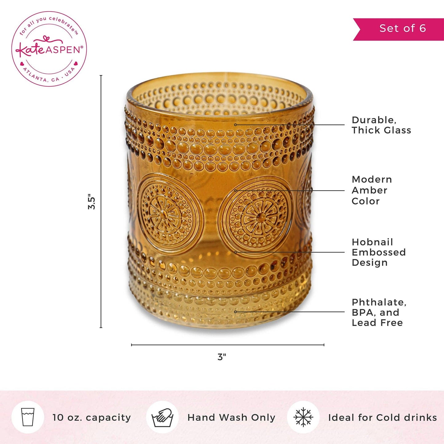 10 oz. Hobnail Beaded Floral Amber Drinking Glasses (Set of