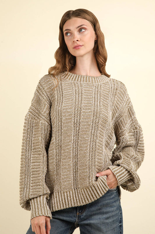 12W3096N-Two Tone Cozy Sweater Knit Top: OLIVE / S-M-L/2-2-2