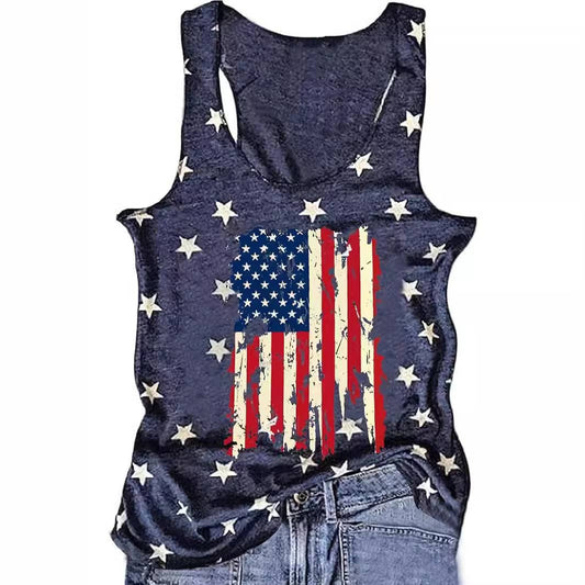 4th Of July American Flag Print Tank Top: NavyBlue / L
