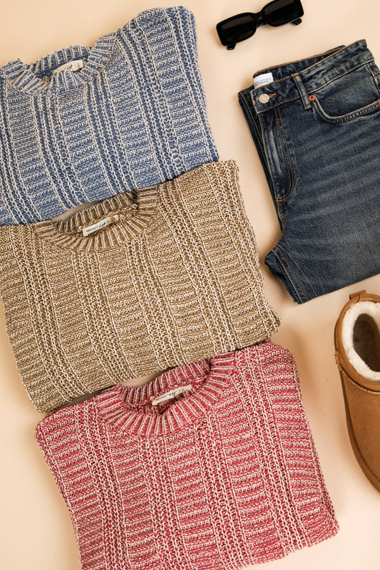 12W3096N-Two Tone Cozy Sweater Knit Top: Red / S-M-L/2-2-2