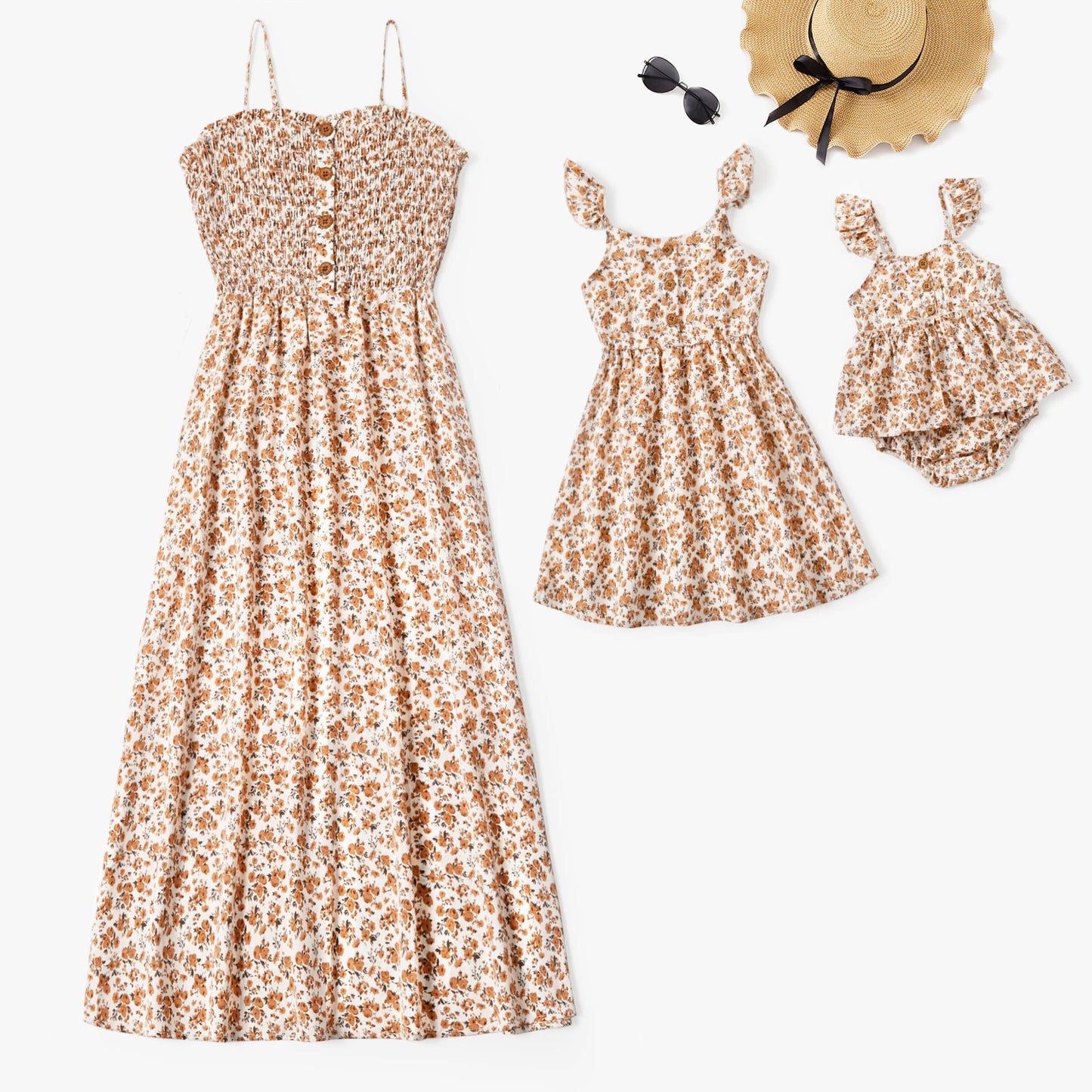 Mommy and Me Beige Floral Shirred Top Button Front Dress: Creamcolored / Girl: 6-7 Years
