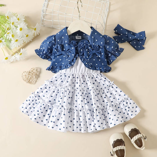 3pcs Baby Girl 100% Cotton Top and Dress & Headband Set: Blue / 3-6 Months