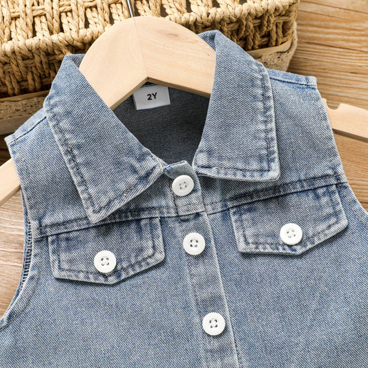 2pcs Toddler Girl Sweet Denim Vest and Floral Dress Set: Blue / 3 Years