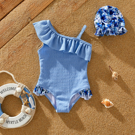 2pcs Toddler Girl Solid Color Sweet Ruffle Swimsuit: Blue / 4-5 Years