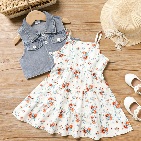 2pcs Toddler Girl Sweet Denim Vest and Floral Dress Set: Blue / 3 Years
