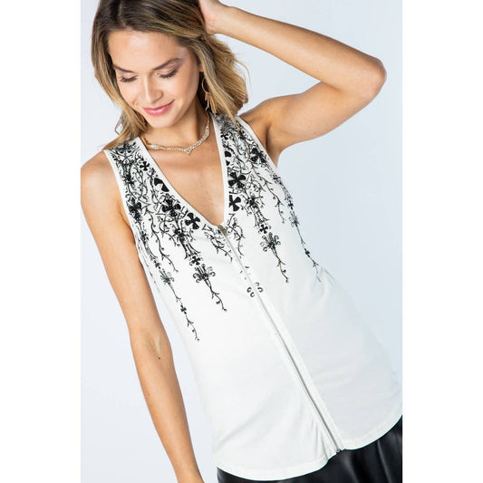 ZIPPERED SLEEVELESS TOP WITH PRINTS AND STONES: OFF WHITE / XL