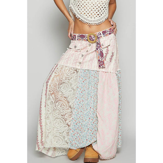 Woven floral print mixed skirt: PINK MULTI / L