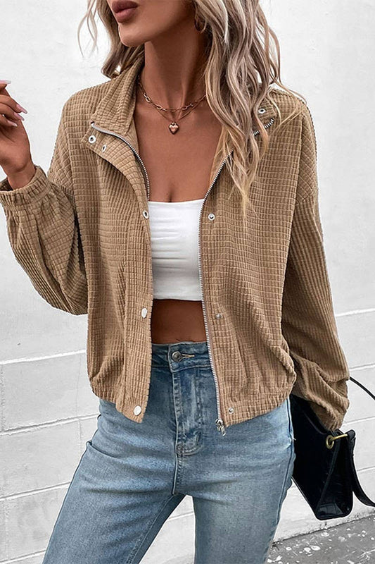 WOMEN HIGH NECK PLAID QUILTED BUTTON UP JACKET_CWOJA0469: Brown / (M) 1