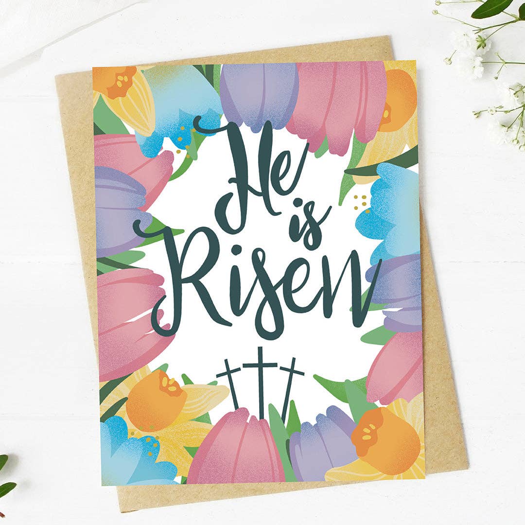 "He is Risen" Easter Tulips Faith Greeting Card