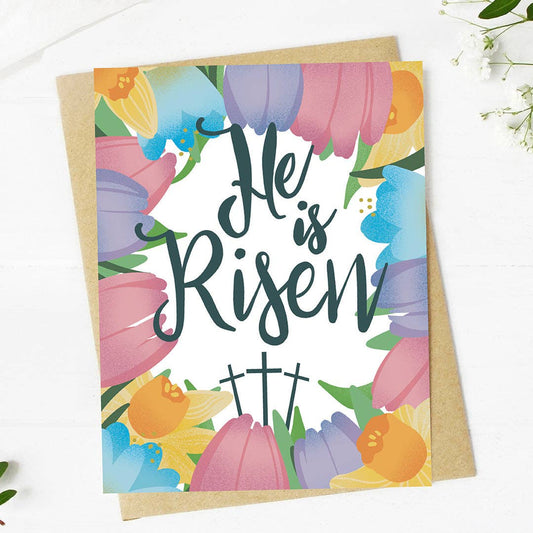 "He is Risen" Easter Tulips Faith Greeting Card