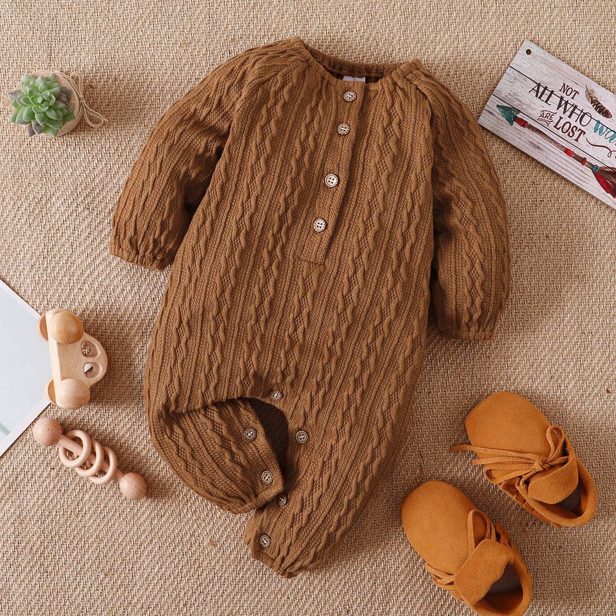 Solid Knitted Button Design Long-sleeve Baby Jumpsuit: 0-3 Months / Pink
