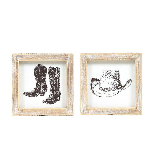 12051 - 5x5 wood frame sign (HAT/BOOTS) Cowboy Home Decor