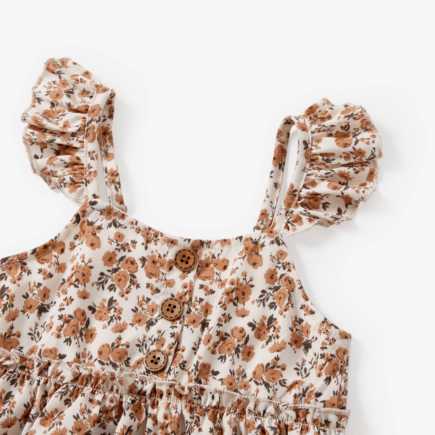 Mommy and Me Beige Floral Shirred Top Button Front Dress: Creamcolored / Girl: 6-7 Years