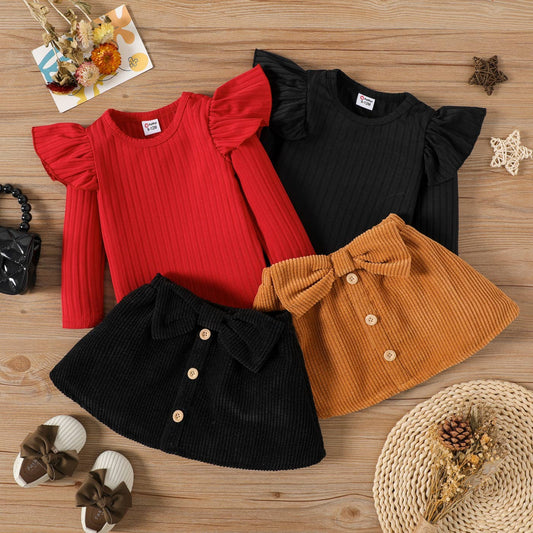 2pcs Baby Girl Rib Knit Ruffled  Top and Corduroy Skirt Set: Red / 9-12 Months