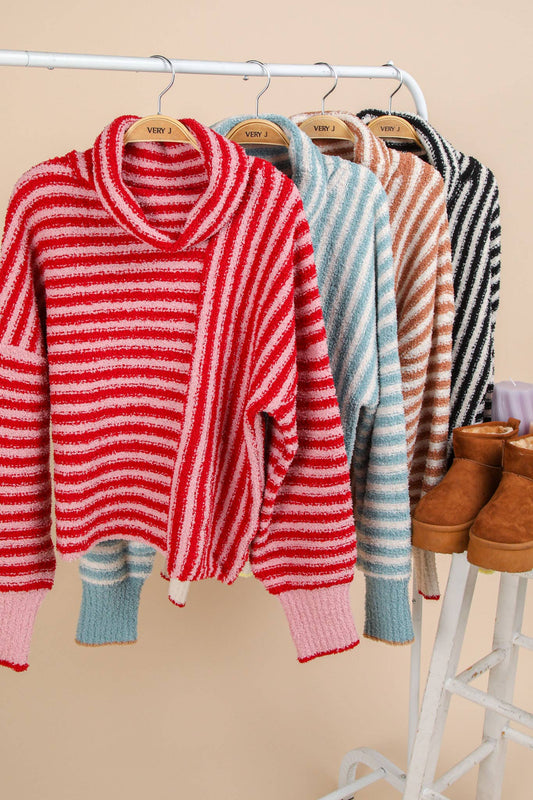 12W3186N-Mock Neck Soft Striped Knit Sweater Top: SAGE / S-M-L/2-2-2