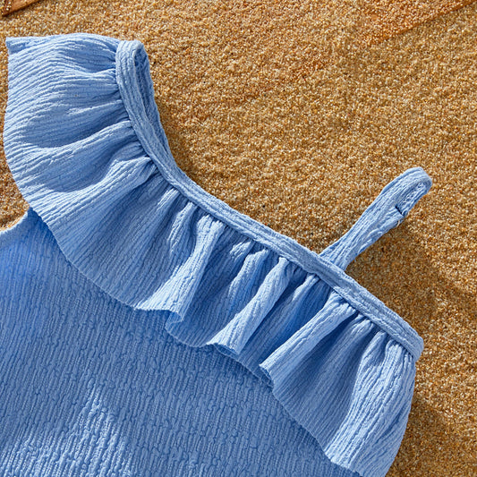 2pcs Toddler Girl Solid Color Sweet Ruffle Swimsuit: Blue / 3-4 Years