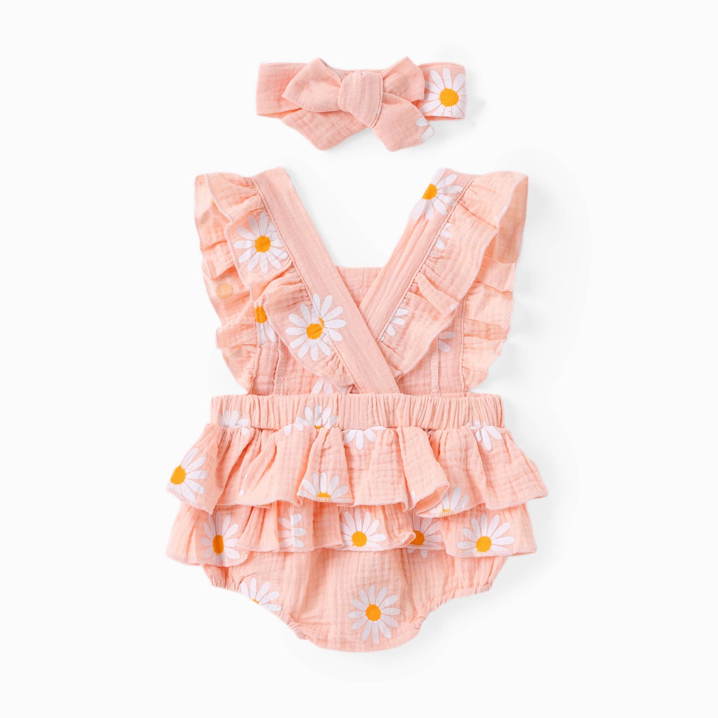 100% Cotton 2pcs Daisy Print Crepe Fabric Baby Romper Set: Pink / 3-6 Months