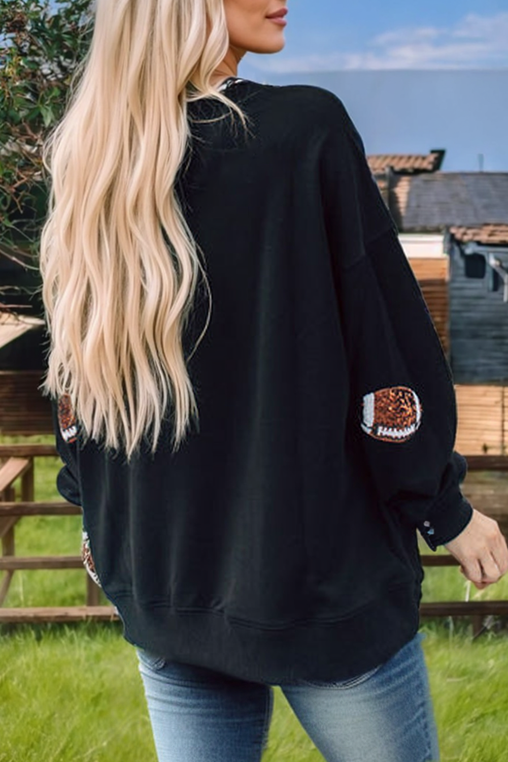 Black Sequin Rugby Graphic Pullover Sweatshirt: Black / Missy / L