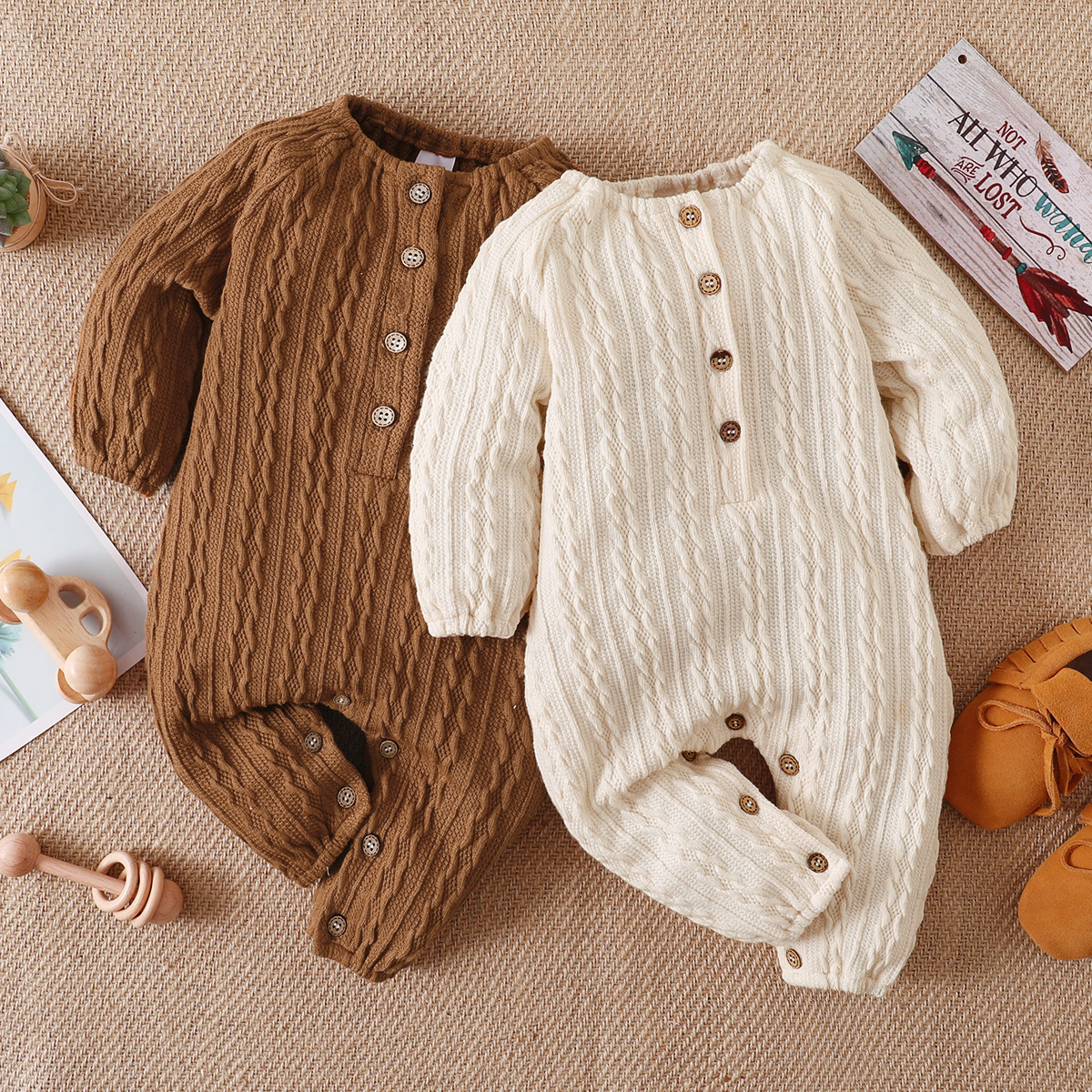 Solid Knitted Button Design Long-sleeve Baby Jumpsuit: 0-3 Months / Pink