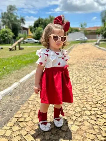 2pcs Baby Heart Print Ruffled Faux-two Bow Front Dress Set: Green / 9-12M